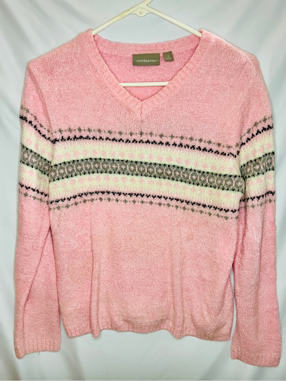 Croft & Barrow Pink Fair Isle Knit V-Neck Sweater Size Small